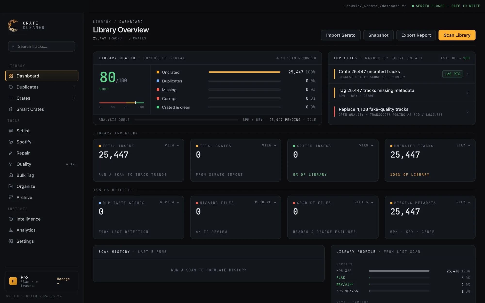 The Library Overview dashboard with a Top Fixes panel highlighting Replace fake-quality tracks alongside the library health score and inventory