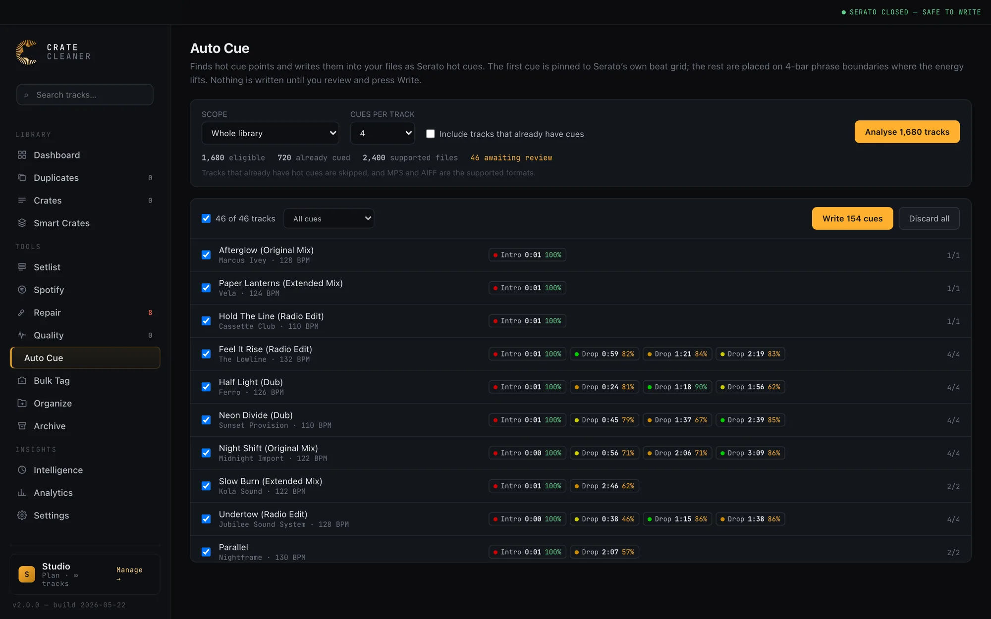 Auto Cue review queue proposing Serato hot cues, each with a timestamp and confidence score