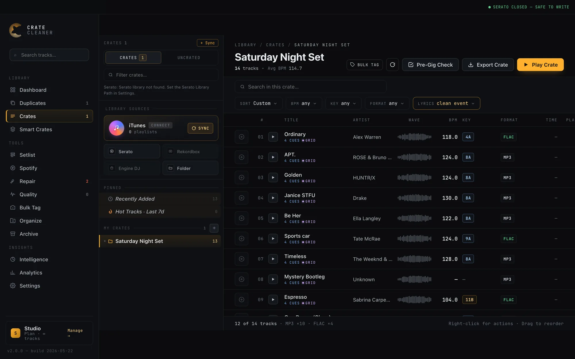 A Serato crate filtered to clean event, hiding the explicit tracks