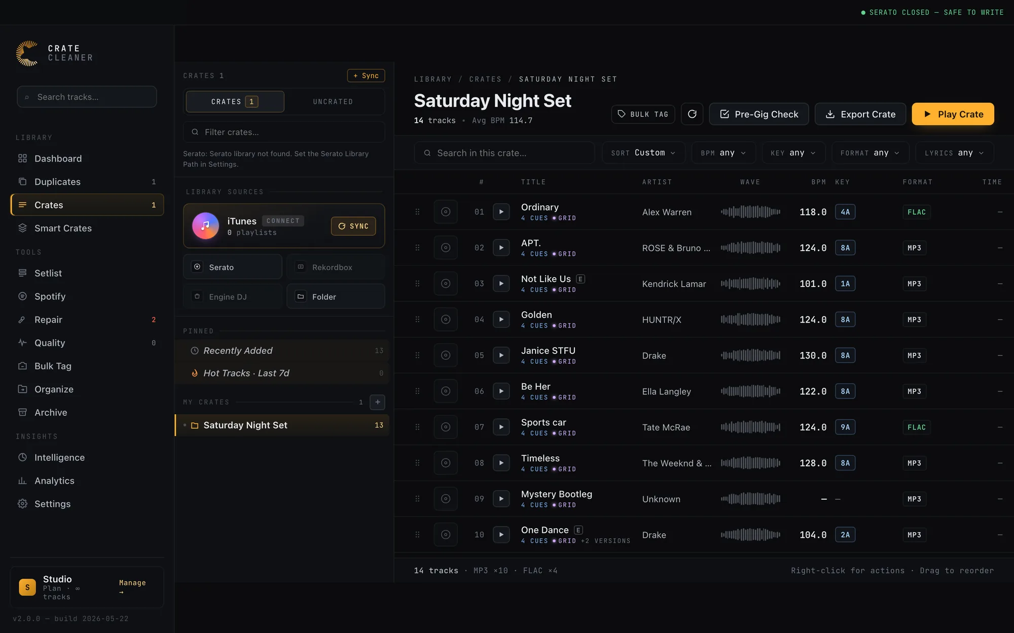 A crate track list showing an E badge on explicit tracks and a plus-two-versions marker on a song that exists in three versions