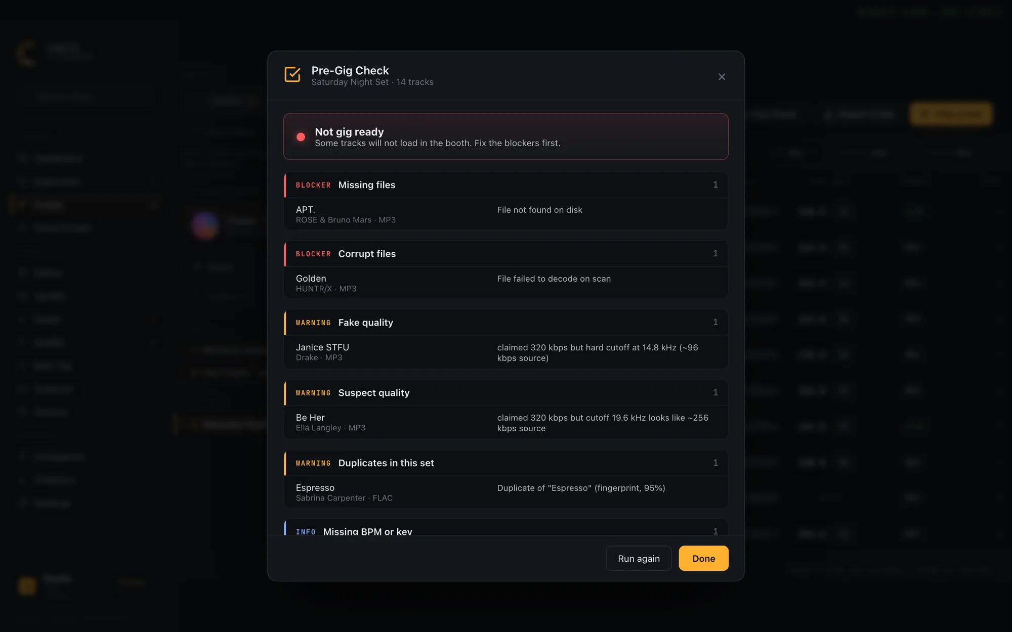 The Pre-Gig Check modal auditing a crate with blockers, warnings and info sections