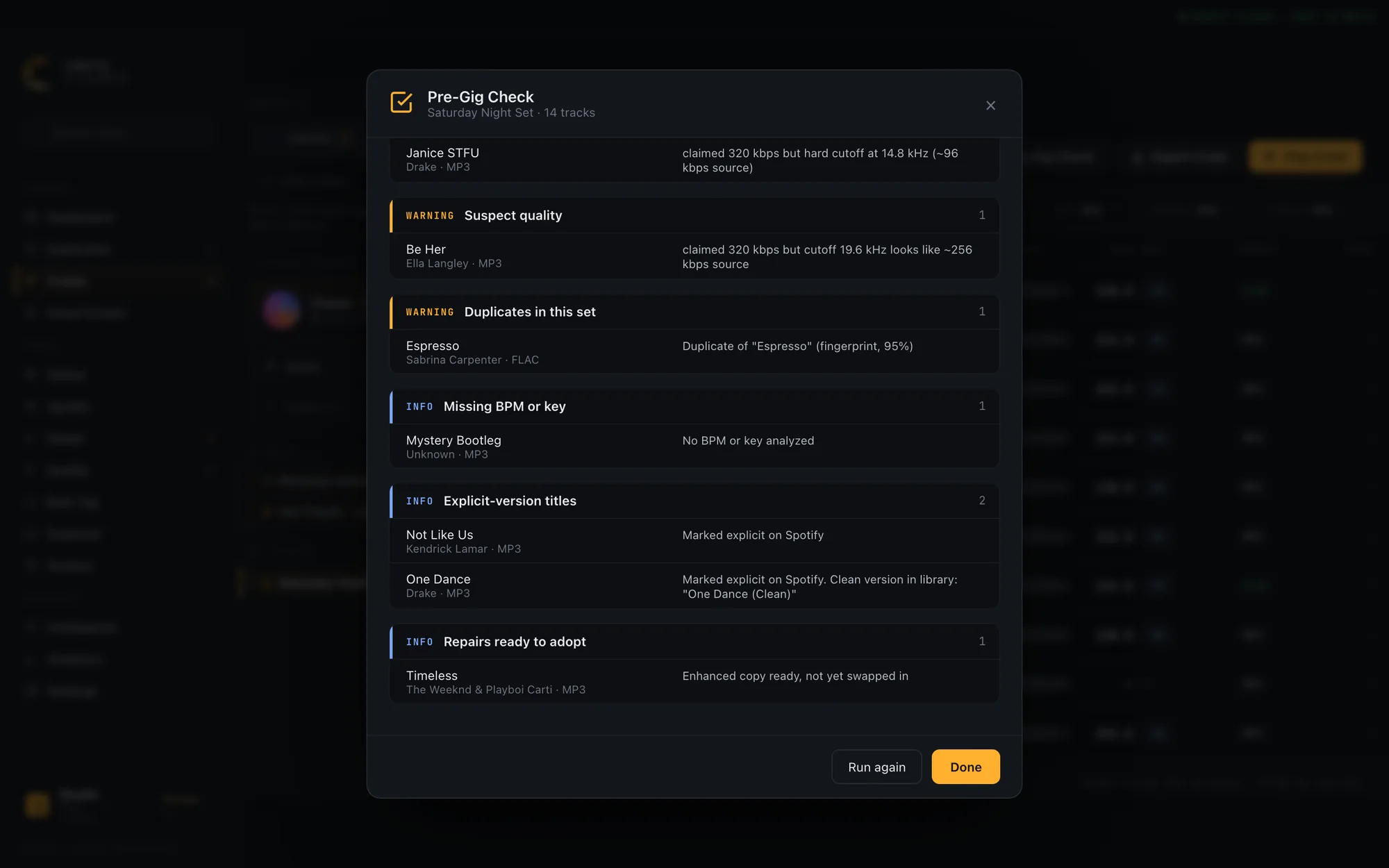 The Pre-Gig Check detail view listing duplicates, explicit-version titles with a clean-version suggestion, and a repaired copy ready to adopt