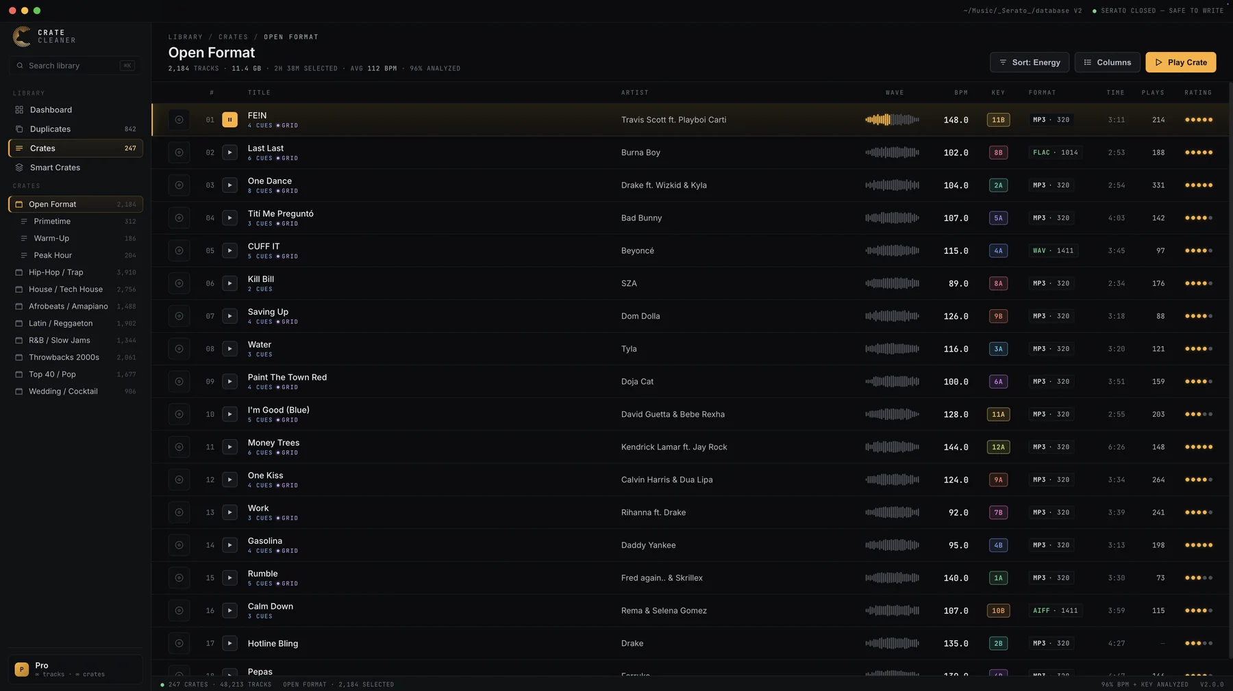 Crate Cleaner crate browser showing play counts and star ratings inline next to BPM, Camelot key and waveform for every track in a Serato crate