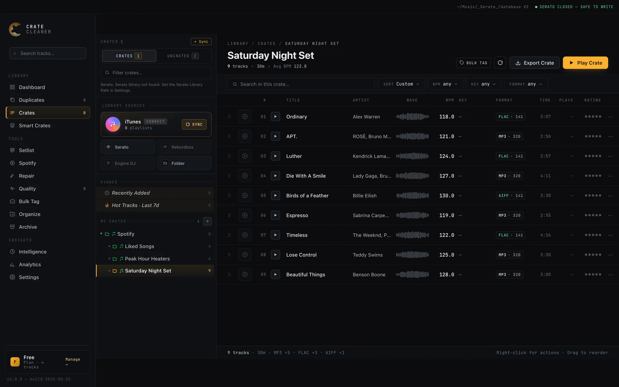 A Serato crate named Saturday Night Set built from a Spotify playlist, showing inline BPM, Camelot key, waveforms, format badges and play controls for every matched track