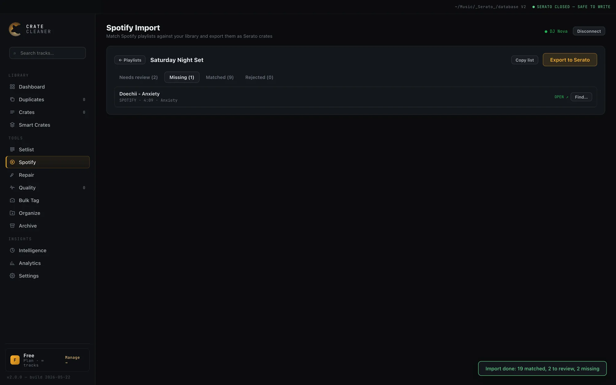 The Missing tab of a Spotify import listing a track the library does not contain, with Copy list and Export to Serato actions