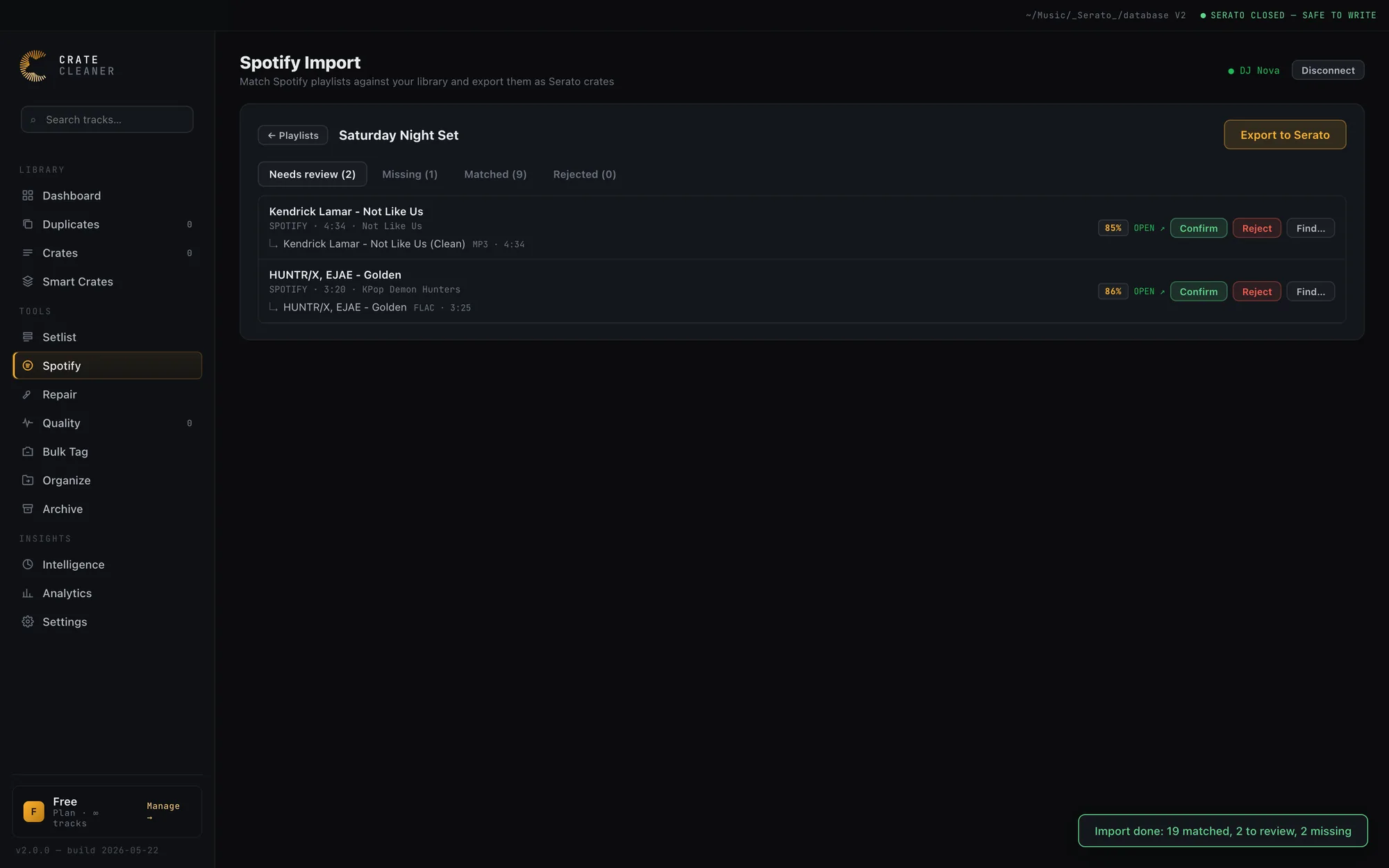 The Needs review queue matching a Spotify track against a local Clean edit at 85 percent and a FLAC at 86 percent, each with Confirm, Reject and Find actions